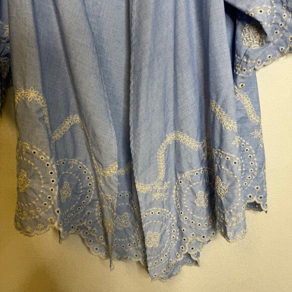2/$25 Time & Tru Blue Embroidered Hem Feminine Boho Lightweight Floral Kimono - Picture 3 of 10